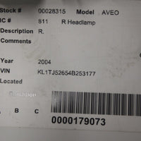 2004-2008 CHEVY AVEO FRONT PASSENGER SIDE HEADLIGHT 28315 - BIGGSMOTORING.COM