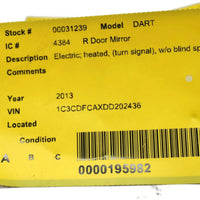 2013-2016 Dodge Dart Passenger Right Side Power Door Mirror Gray 31239